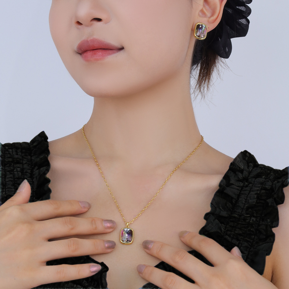 French Luxury Luxury High Sense Square Crystal Necklace Women S925 Silver Pin Earrings Jewelry