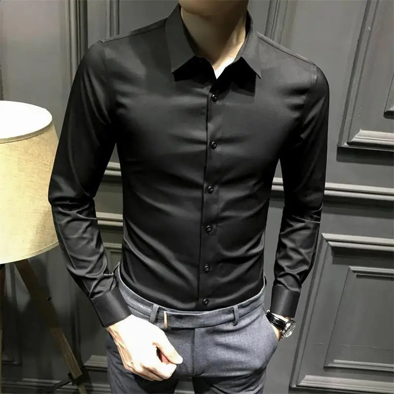 Dress Shirt Long Sleeve Silk Business Plain Man Tops Formal Shirts and Blouses for Men Office Cotton with Collar S Cool Clothing 250227