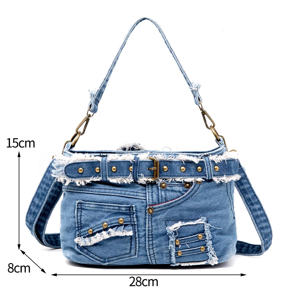 LeisureL Handbag Cool Cowboy Material Jeans Pocket With Metallic Rivets And Buckle Denim Cross Body Bag 250306