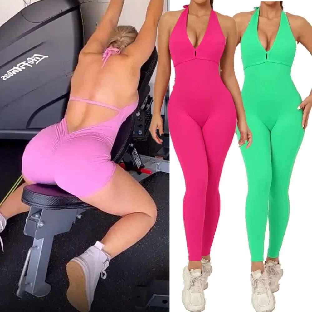 New Pad Nylon V Back One Piece Jumpsuit Skinny Yoga Set Scrunch Pant Breathable Women Wrinkle Peach Hip Exercise Workout Active KLMY