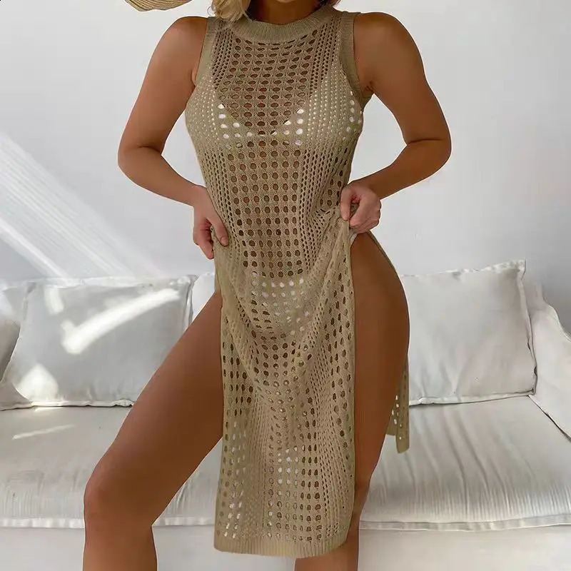 Abrini Women Hollow Out Crochet Cover Up Swimwear Sleeveless Bikini Dress Smock Split Sexy Beach Knitwear Solid Swimsuit 250226Z