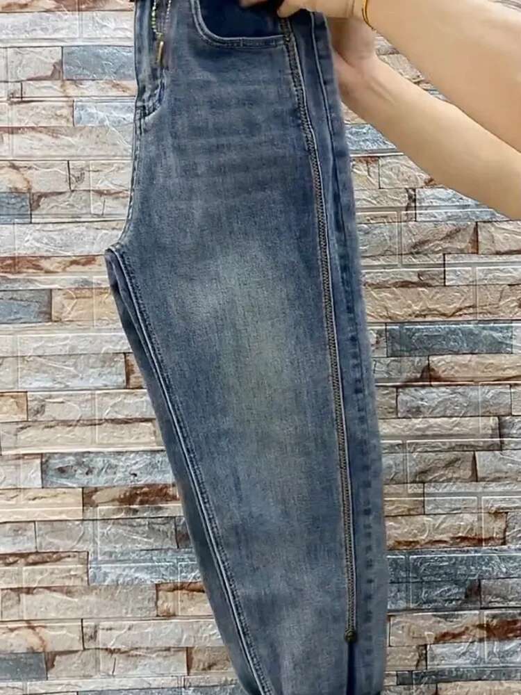 2023 NEW Spring Autumn High Waist Straight Loose Fit Stretch Haren Denim Ladies Ankle-Length Jeans Pants