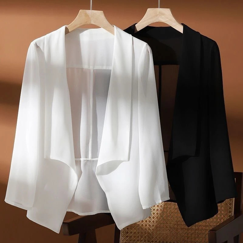 #3512 Black White See Through Chiffon Jacket Women Thin Sexy Short Sunscreen Coat Ladies Asymmetrical Kimono Cardigan 250306