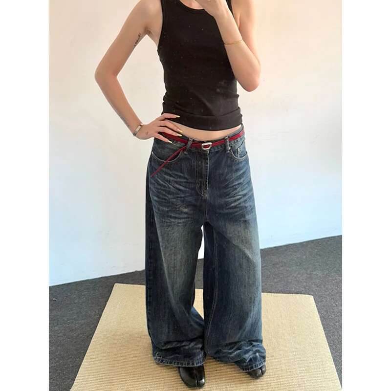 2025 Spring Vintage 2000S Loose Washed Do Old Wide Leg Pants Women's Haruku Casual Jeans Y2k Baggy Blue Denim Trouser