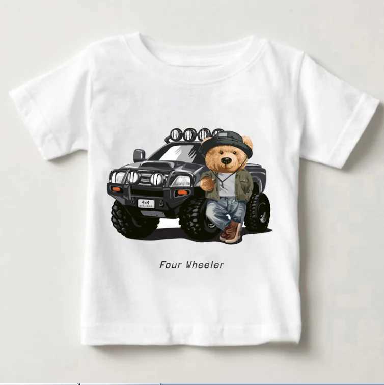 Cute Bear Riding Car Print Boys And Girls White T-shirt Childrens Summer Harajuku Kawaii Funny Baby Y2K ClothesT250306