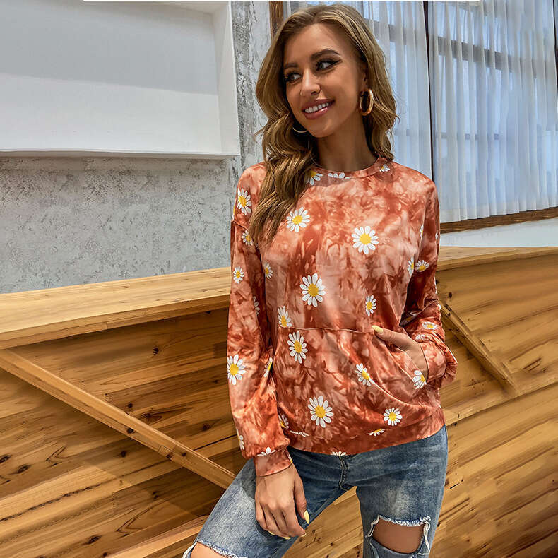 Autumn New Daisy Ins Casual Loose Long Sleeved Tie Dye Texture Hoodie For Women KLMY