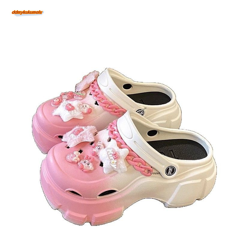 Dopamine thick soled hole shoes wearing summer, anti slip and increased in height, fairy style beach, two pairs of wrapped half slippers for women #dd