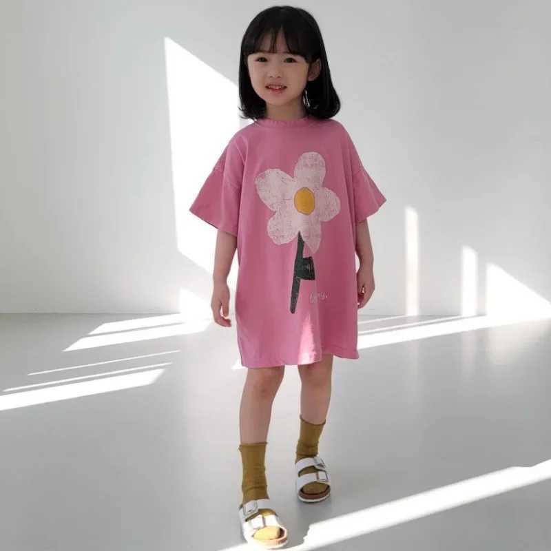 2024 Summer New Girls Short Sleeve Casual Dress Cute Flower Print Children Long T-Shirts Loose Kid Princess Girls Outfit ClothesT250306