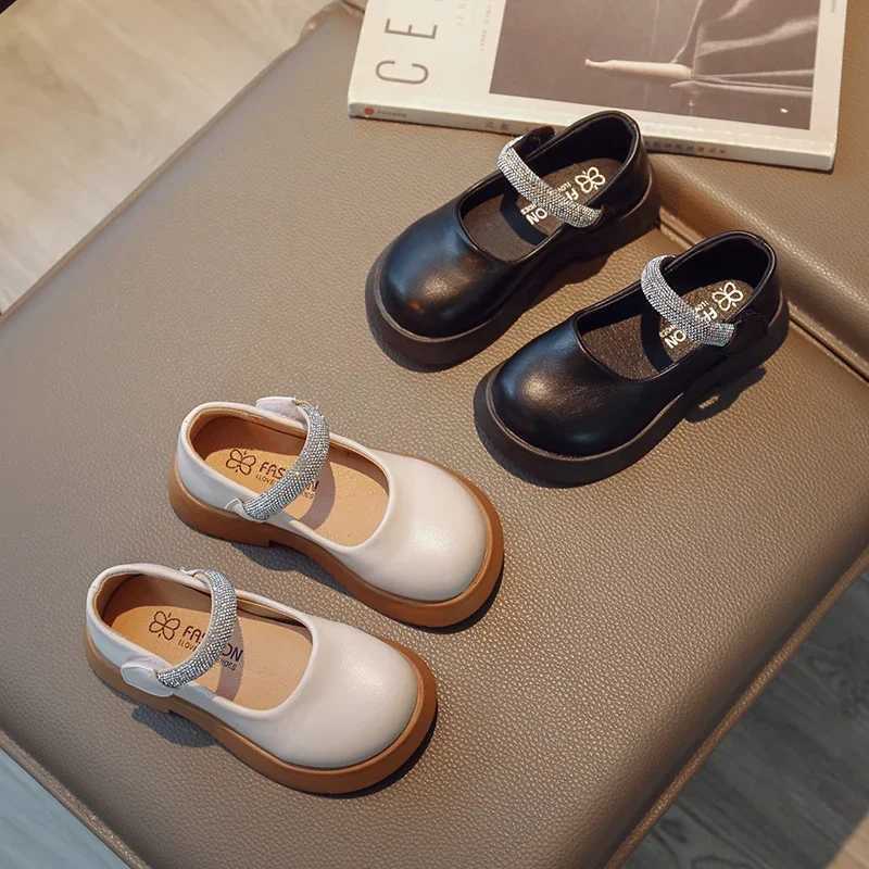 Luxury Girls Mary Janes Crystal Glitter Black Beige Fashion Children Leather Shoes Chunky Round Toe 26-37 School Kids ShoesT250306