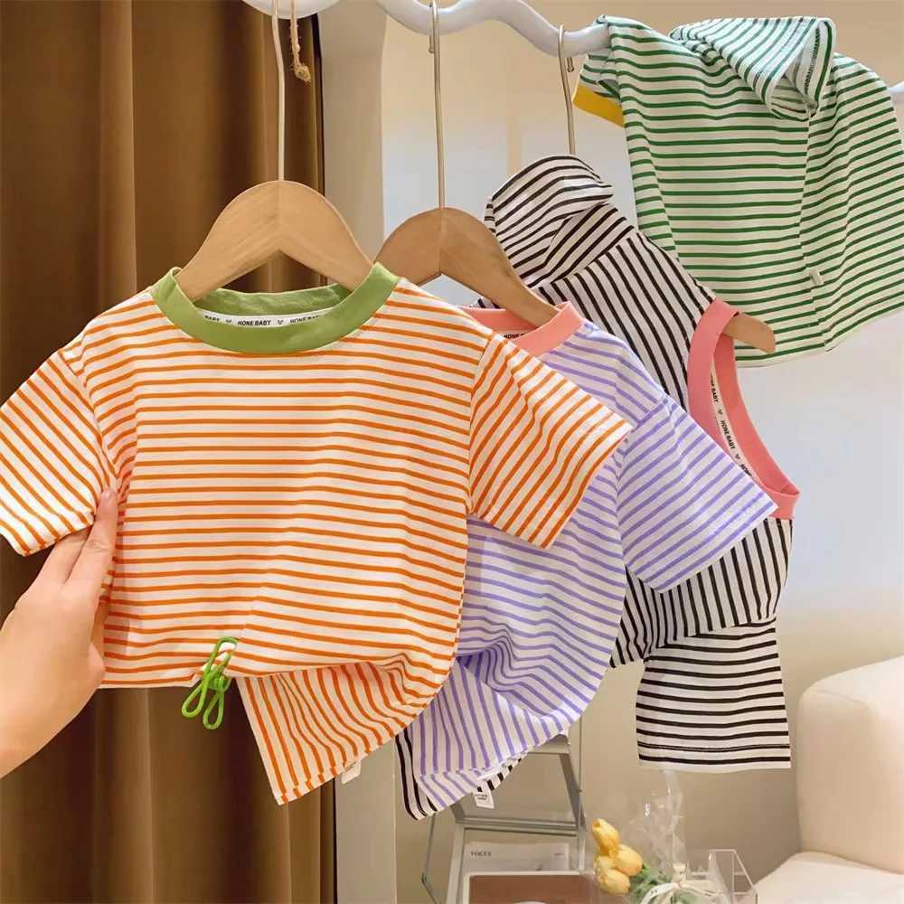 Childrens Short-Sleeved Boys Girls 2023 Summer New Striped T-Shirt Baby Thin Section Half-Sleeved Bottoming Shirt Casual WearT250306