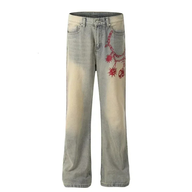 Chain Meteor Hammer Print Baggy Jeans For Men Y2K Vintage Wide leg Denim Trousers High Street Washed Distressed 250306wtt