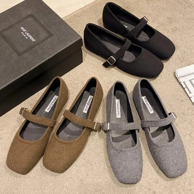 Womens Felt Mary Janes Shoes Square Toe Ballet Flats for Female Fashion Buckle Strap Ladies Shoes Spring Autumn 250306