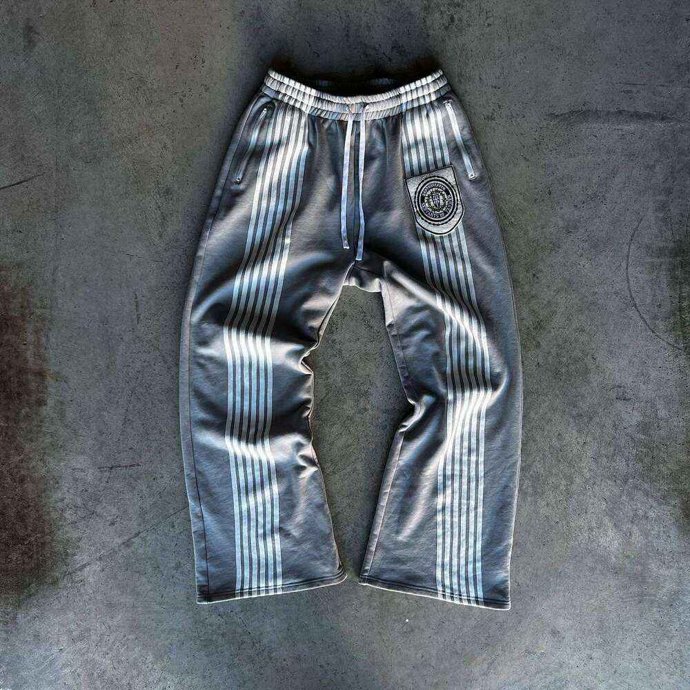 American versatile striped fashionable embroidery spring loose fitting unisex straight leg casual pants