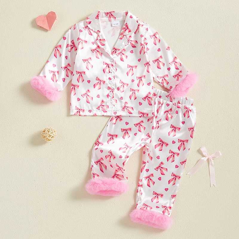 Preschool girl sleepwear Valentines Day baby silk satin night light little girl Pjs button 2-piece sleepwear set M250306
