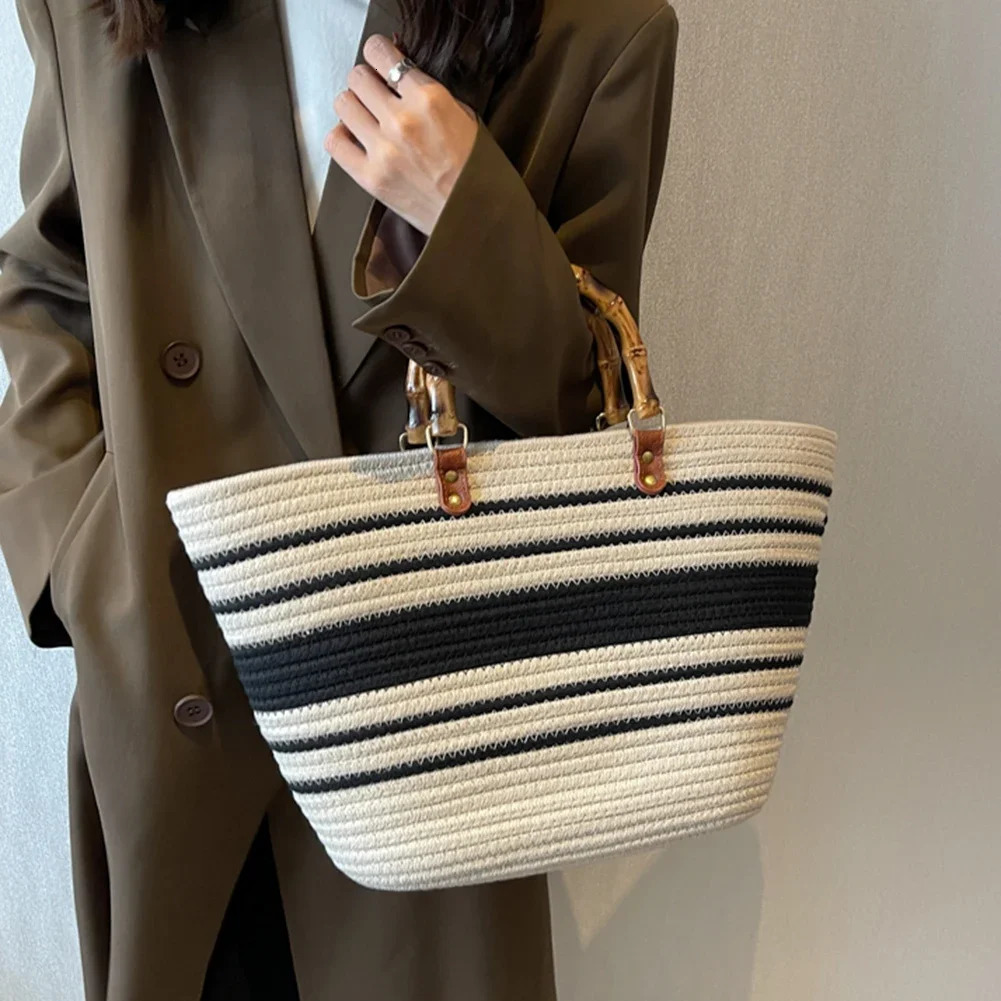 Womens Woven Tote Bamboo Handle Shopping Tote Bag Large Capacity Striped Handbag Casual Fashion Exquisite Clutch Beach Bag 250306