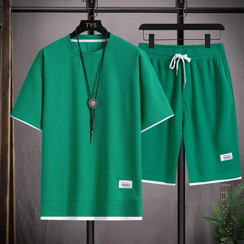 Summer Mens TShirt and Shorts Sets Casual Solid Color Two Piece Set Waffle Fabric Tracksuit mens Fashion Clothing 250305