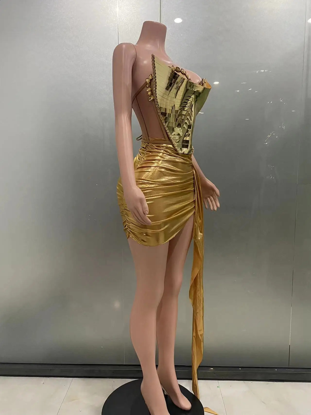 STOCK Gold Sliver Women Sexy Strapless Shinning Crystal 2 Pieces Bodycon Mini Dress Bar Singer Performance Costume Stage Wear 250305