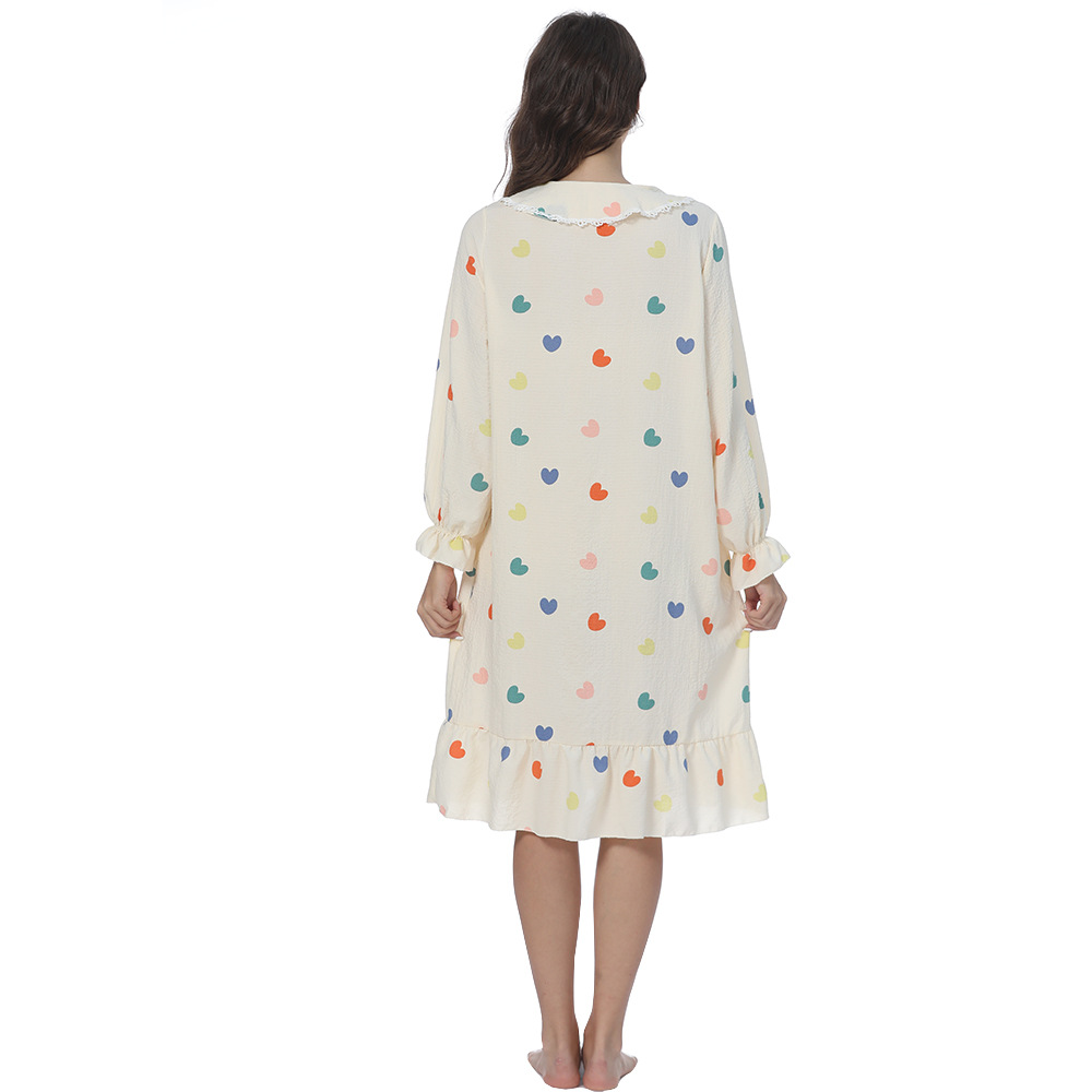 B756-Women's pajamas spring and autumn new long sleeves sweet ruffles colorful love round neck outer wear home clothes nightdress