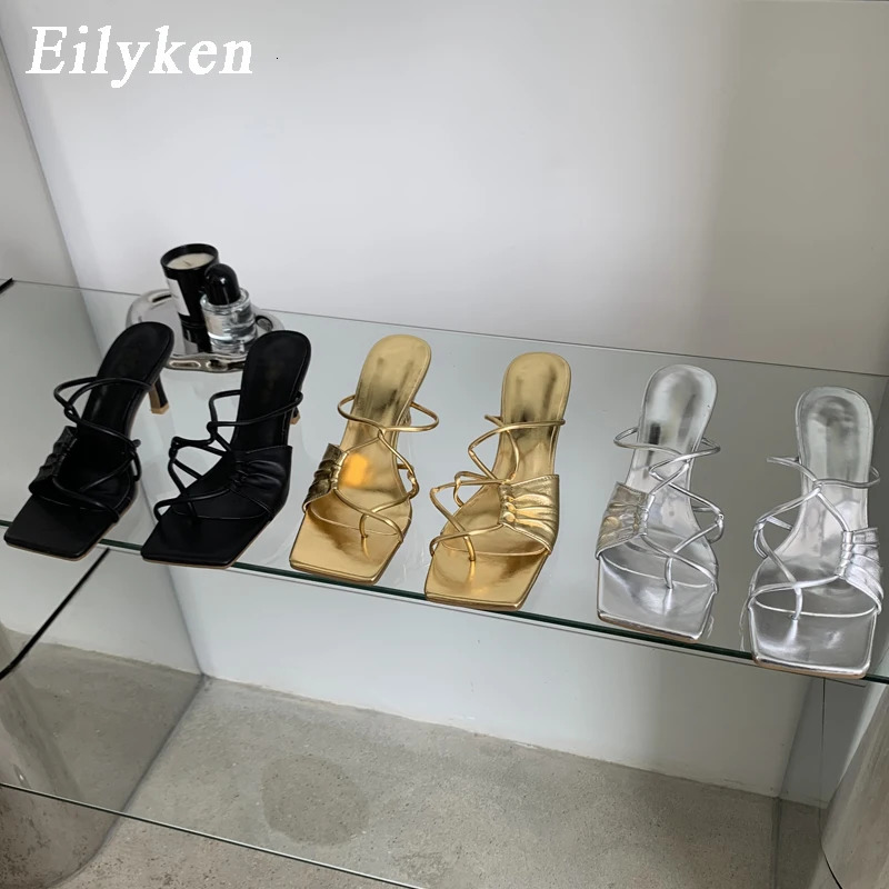 Eilyken Gold Narrow Band Women Slipper Female Square Pinch Toe Low Heel Slides Sandal Flip Flops Mujer Shoes 250306