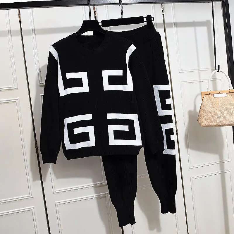 Trendy Women Knitted Two-Piece Suit Simplicity Pattern Long Sleeve Knit Sweater Top + Casual Loose Harem Pants Spring Autumn Set