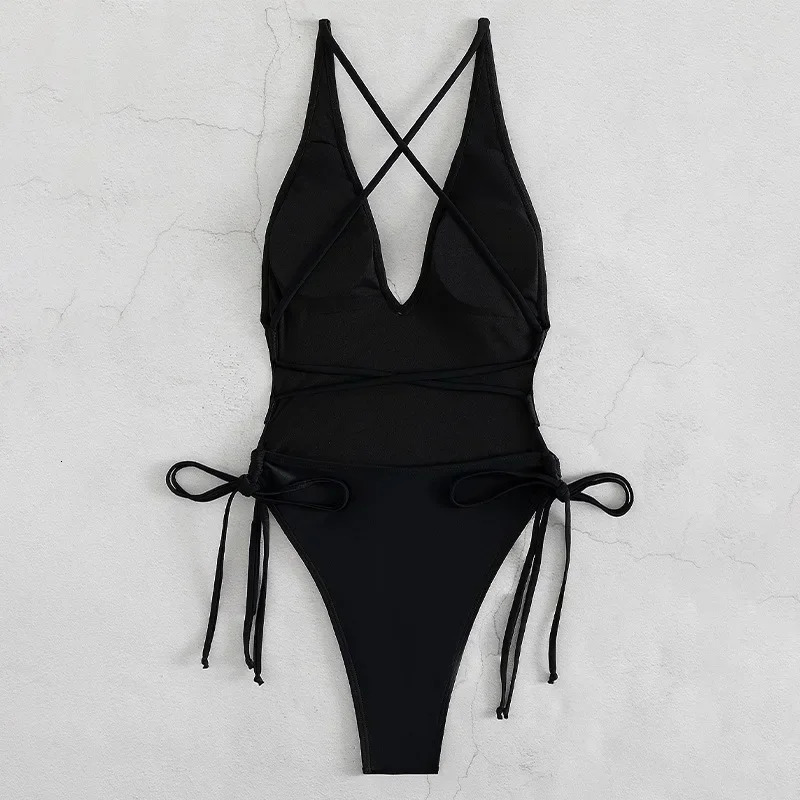 Fashion Solid Deep V Neck One Piece Swimsuit Women Yellow White Hollow Out Pleate Swimwear Beach Bandage Bathing Suit Monokini 250306