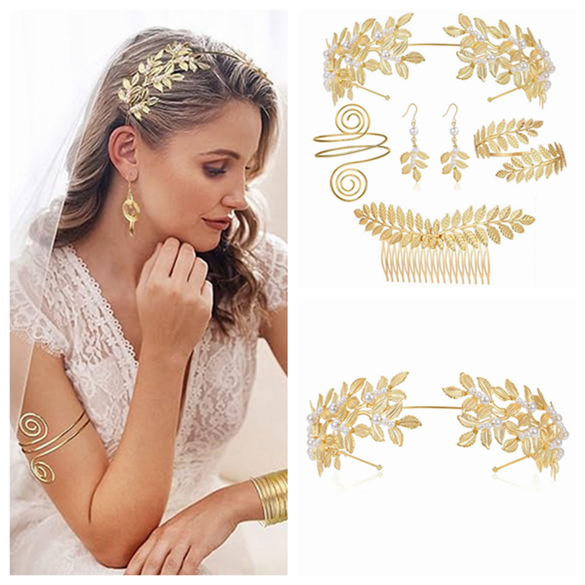 Greece Greek Goddess Cosplay Party Jewelry Baroque Golden Leaf Crown Bridal Headwear Halloween Accessories Earring Cuff Bracelet Hairabnd jewelry