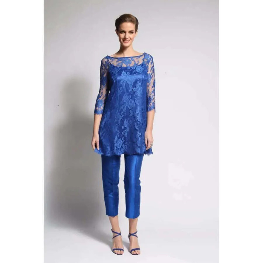 Elegant Royal Blue Mother Of The Bride Suits Lace Half Sleeves 3 Pieces Wedding Party Gowns Guest Groom Mom Formal Wear Tea Length Spring Summer Eveni