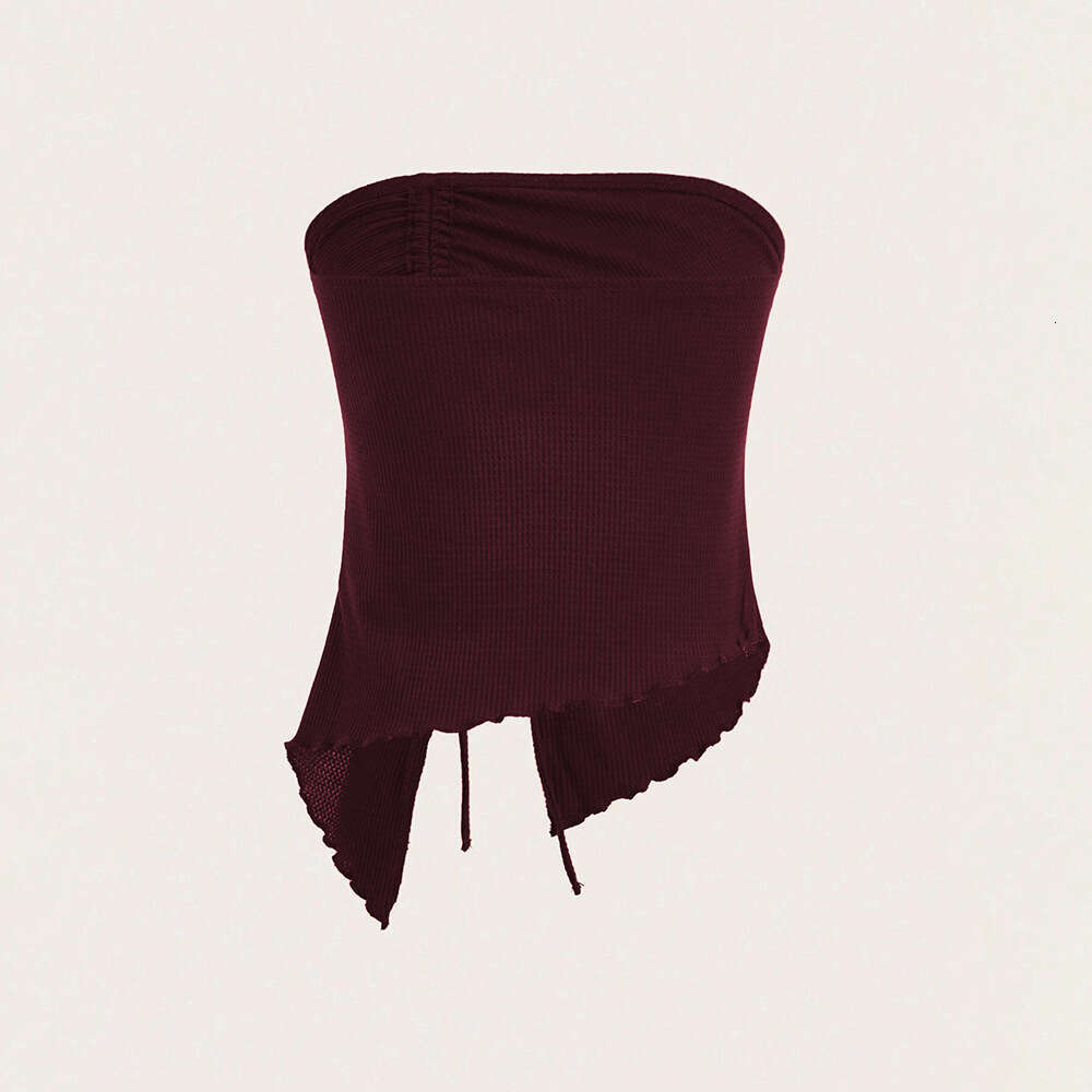 Women's Clothing 2025 Summer New Item Drawstring Slit Irregular Waffle Style Slim Fit Strapless Vest Top KLMY