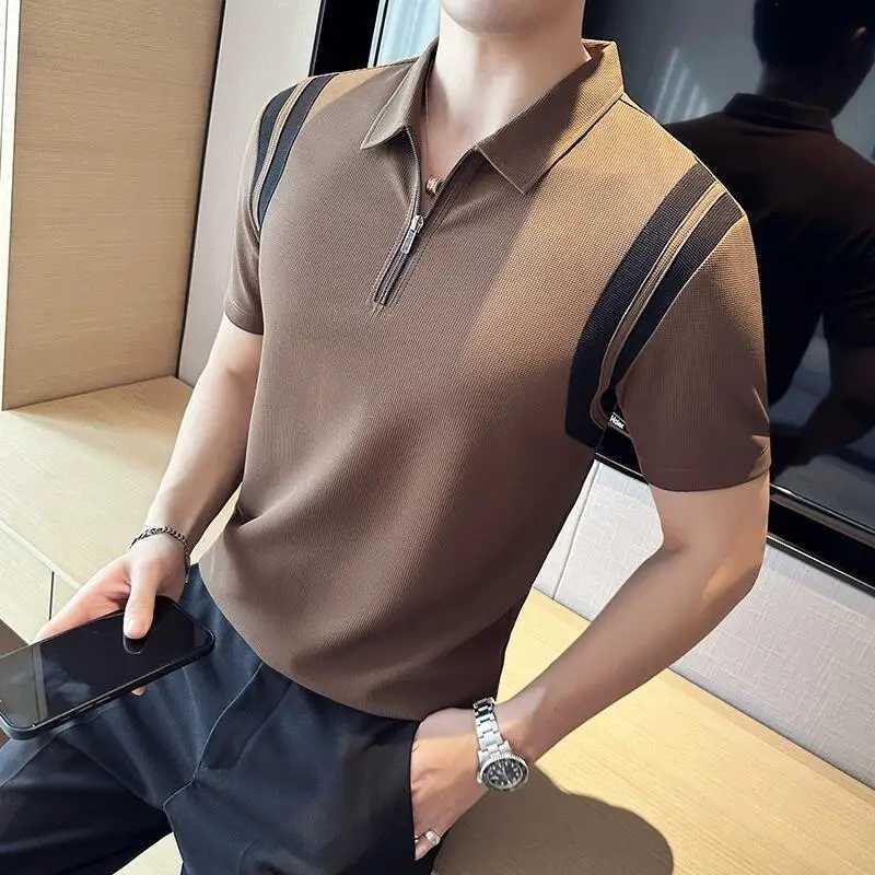 Summer High Elastic Stripe Short Sleeve Polo Shirts 2023 Mens Business Casual Zipper T-shirt Tops Streetwear Plus Size 4XL-M X250306