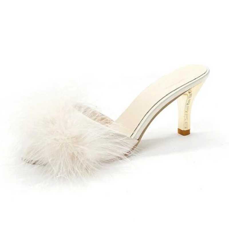 2023 Summer Shoes Wan Feather Thin High H Fur Slide Peep Toe Mes Womens Pump Slide Shoes Large Size Y250306