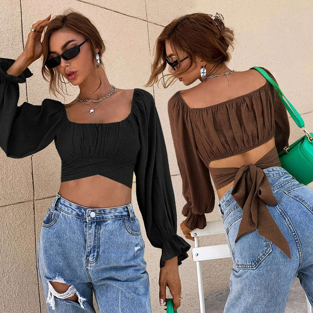 Spring/Summer New Sexy Style Tie Fit Square Neck Ultra Short Long Sleeved Women's Shirt Top For Women KLMY