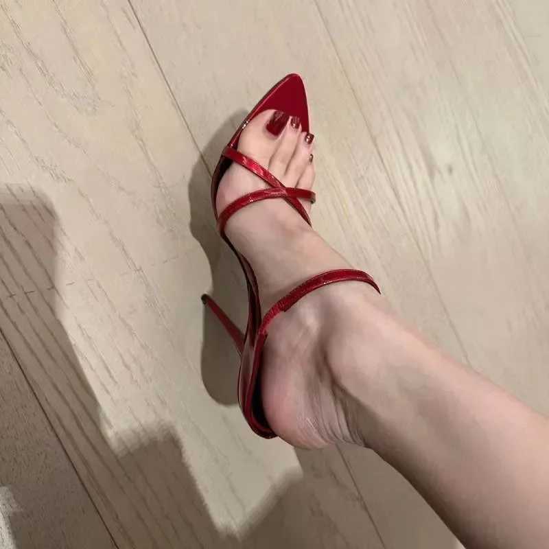 Womens Super High Thin H Pumps Womens Ankle Cross Strap Sandals Shoes Ladies Pointed Toe High H Dress Party Shoes Y250306