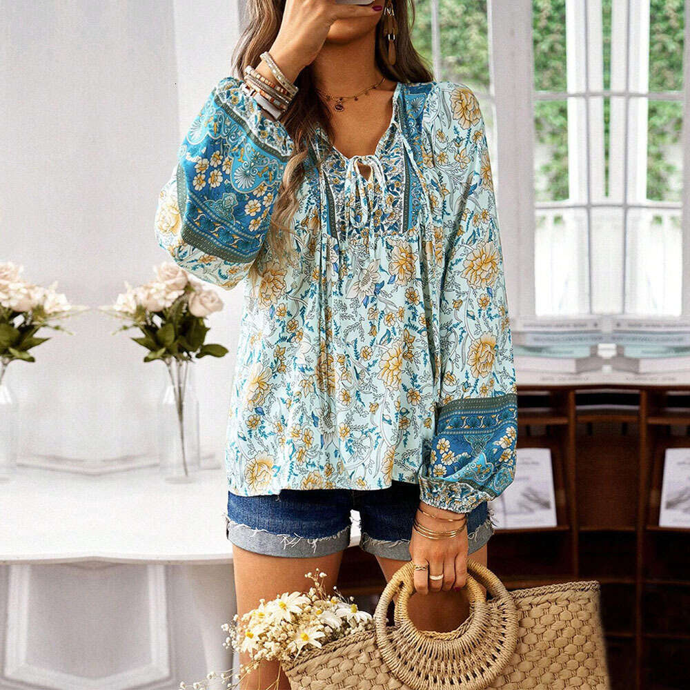 Autumn/Winter New Women's Loose Casual Vacation V-Neck Bohemian Long Sleeved Top Shirt KLMY