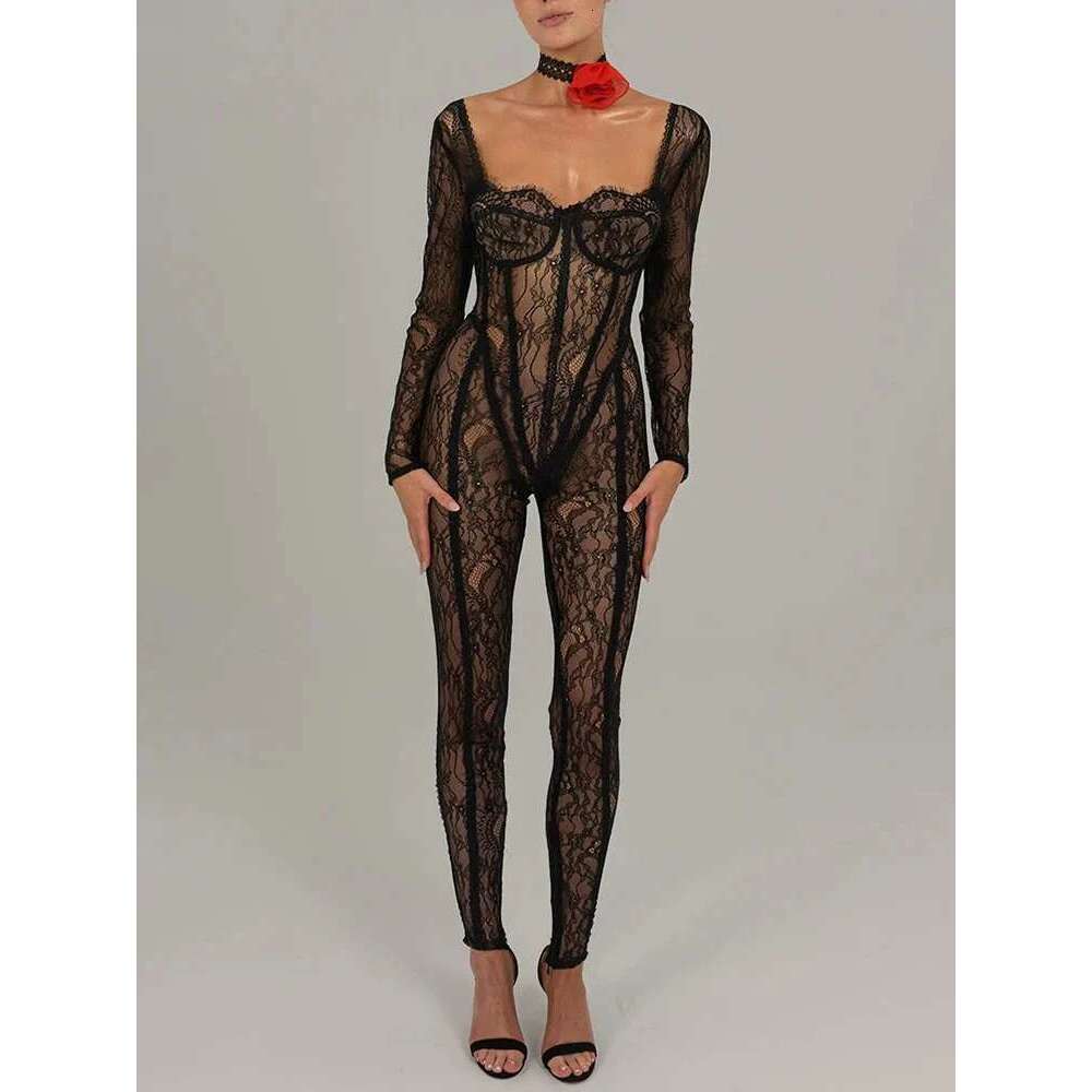 Sibybo Long Sleeve Lace Jumpsuits Basics Square Collar Skinny Leggings Casual Solid Color Taped Rompers Fall Women Clothing KLMY