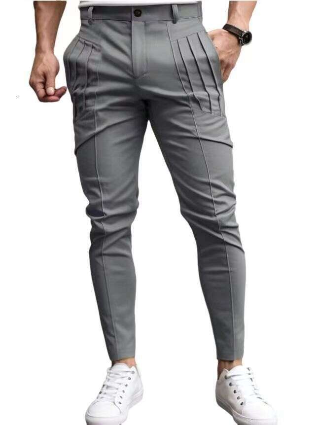 European and American hot selg men's solid color tight pocket zipper casual slim fit small leg pants 2025 temperament versatile new trend clothin