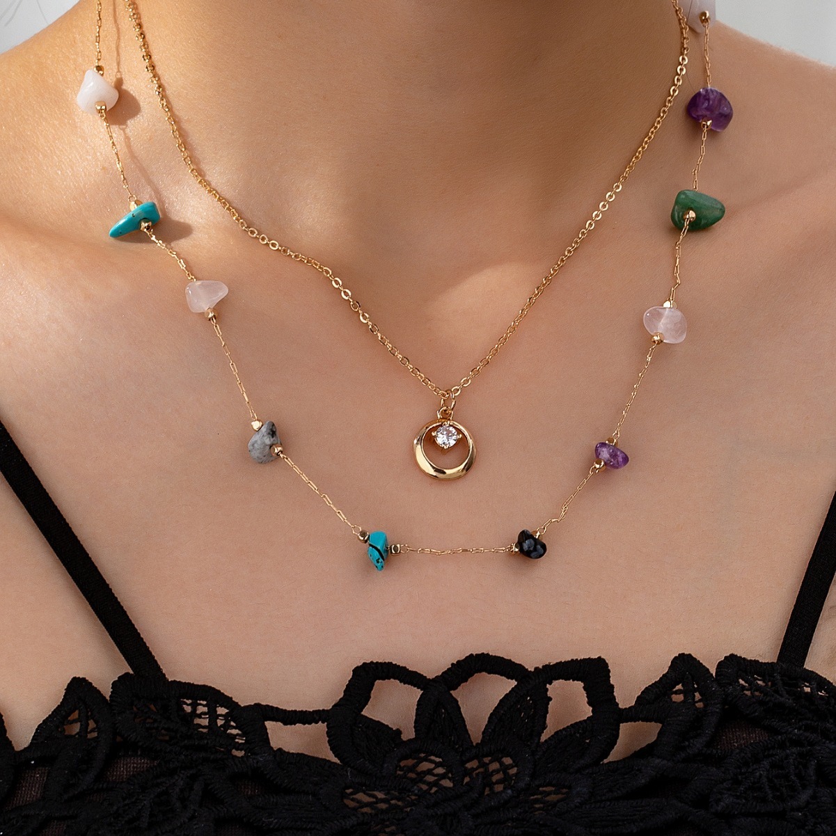 French Retro Irregular Stone Brass Overlay Necklace Female Niche High Sense Jewelry