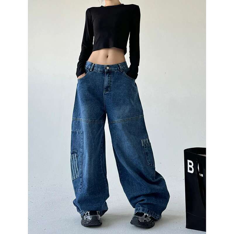 Blue Jeans Women Y2k American Hip Hop Vintage 2000S High Waisted Jean Straight Streetwear Casual Loose Wide Leg Denim Pants