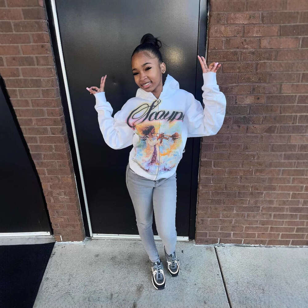 American oversized regular printed pattern zipper jacket casual versatile slimming sweatshirt