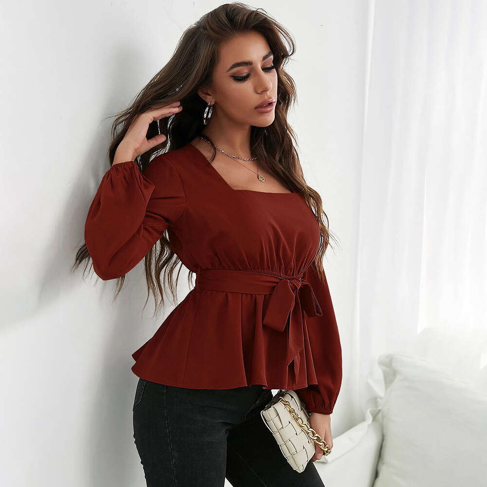 New Style Square Collar Elastic Waist With Lotus Leaf Edge Long Sleeve Women's Shirt Temperament Top KLMY