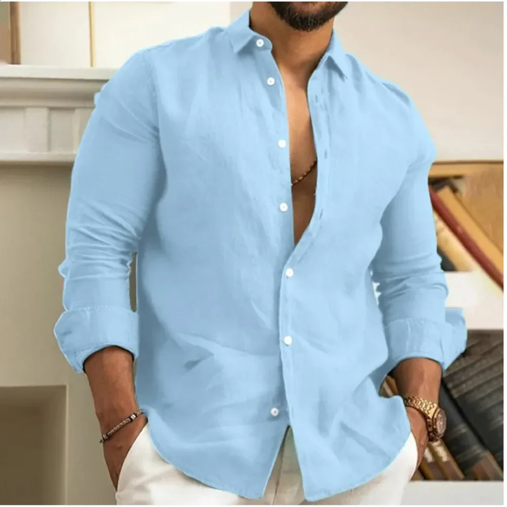 Mens Summer Beach Shirt Linen Button Up Long Sleeve Plain Lapel Spring Casual Daily Clothing 250227Z