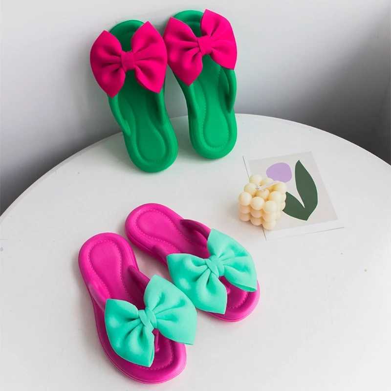 2024 New Warm Bow Slide Adt Sweet N-Slip Bow Flip Cover Girl Soft Candy Color Fi Flat Slide Indoor Sandals Y250306