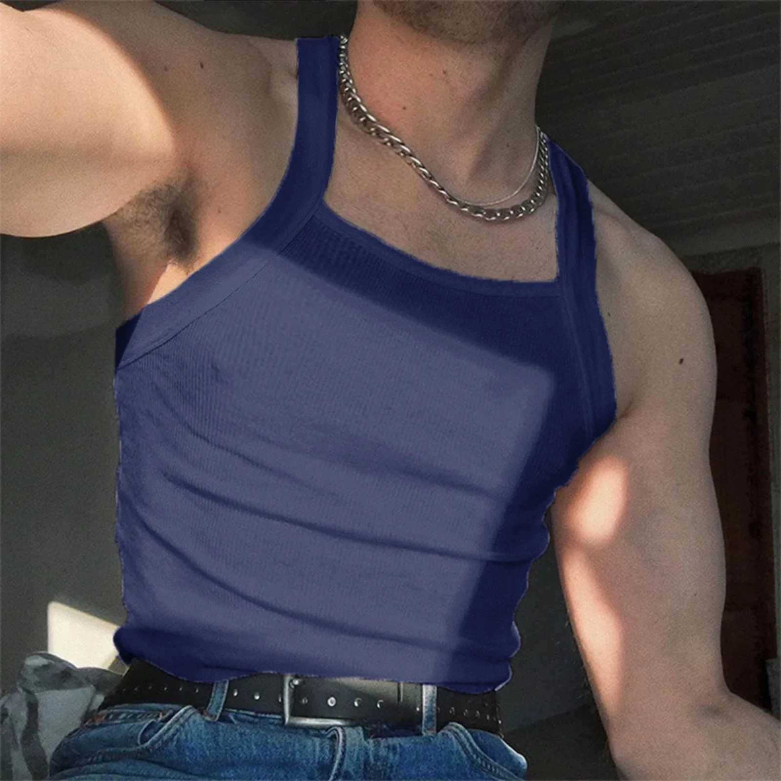 Mens Long Sleeve Shirts Male Camisole Sleeveless Vest Solid Color Sexy Off Shoulder Striped Nightclub Bodybuilding Tops for MenT250318
