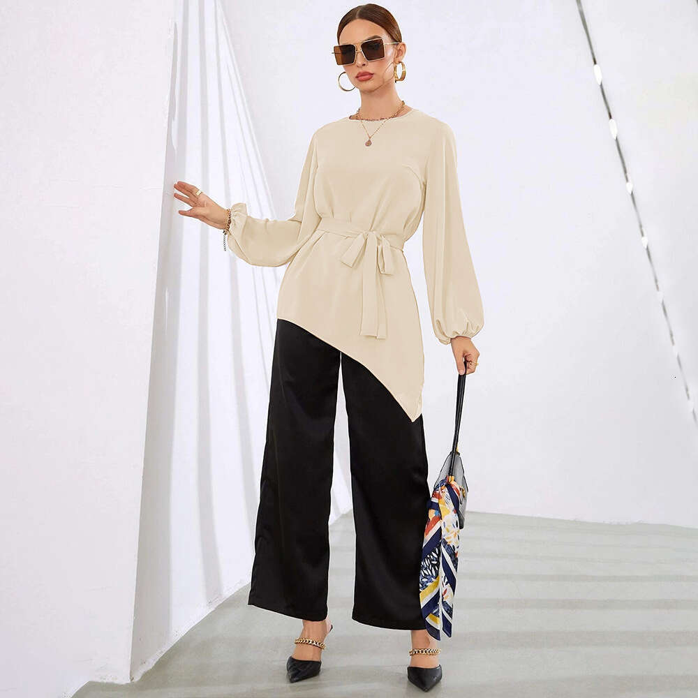 Spring/Summer Style Irregular Top Wrapped Waist Long Sleeved Women's Shirt KLMY