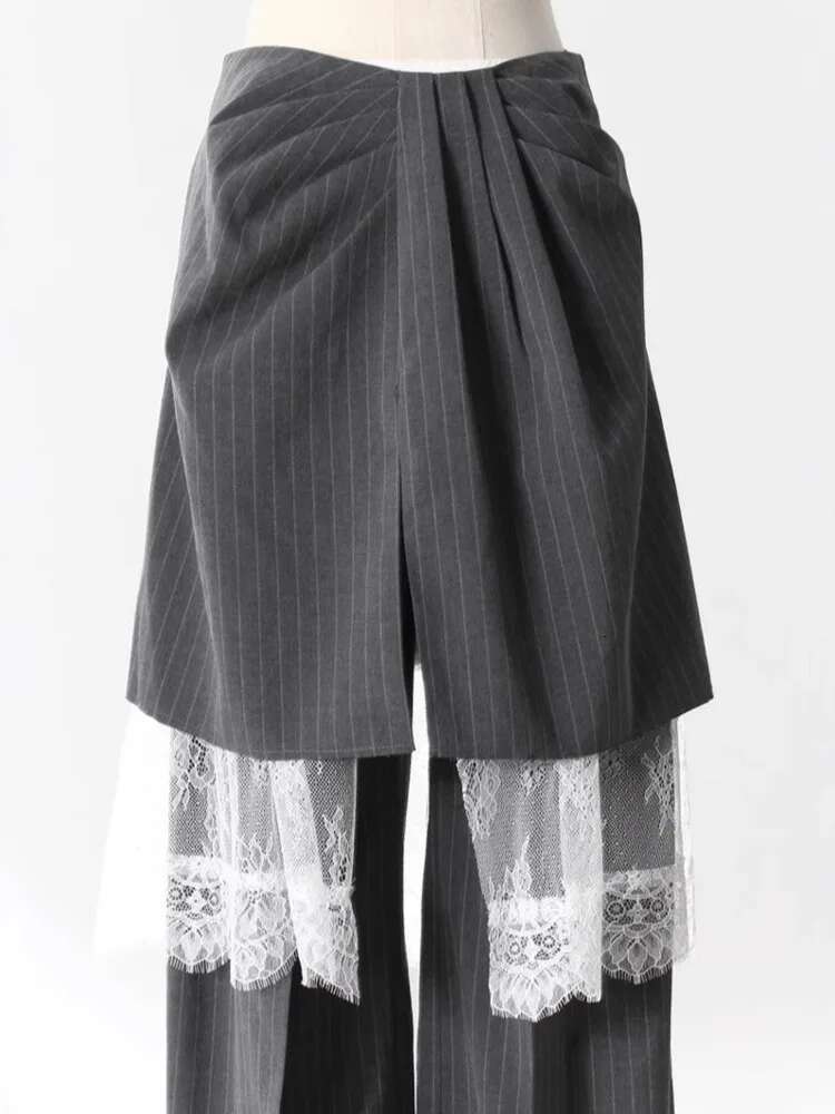 ZMEENNA Gray Stripe Patchwork Skirt Gauze 2 Piece Sets For Women 2025 Spring Fashion Female New Elegant Pants Zm616