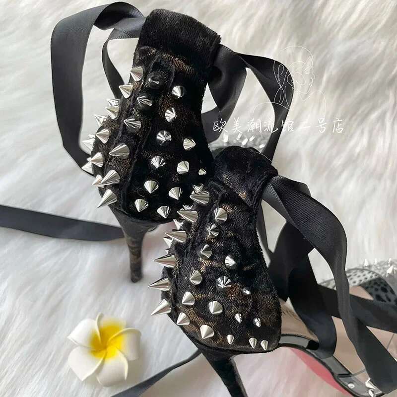 Transparent PVC rhie willow nail leopard print black gold camouflage veet heel tied ribbon high-heeled sandals