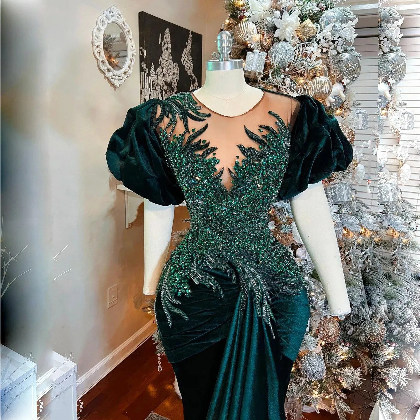Dark Green Velvet Mermaid Prom Dresses Beaded Aso Ebi Arabic African Pageant Dress 2025 Puff Short Sleeves Long Evening Gown