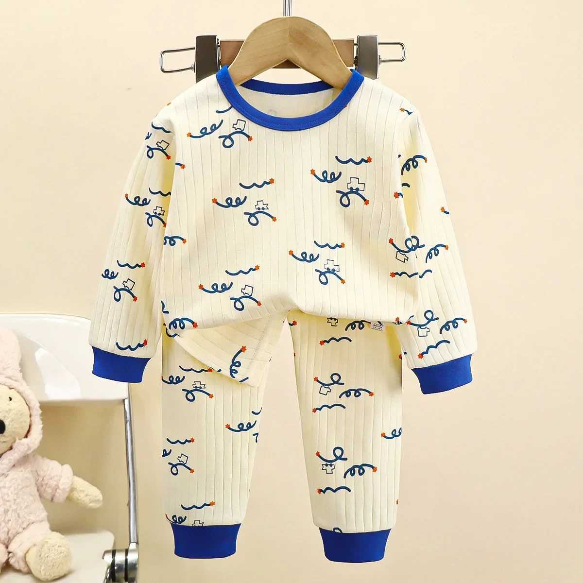 Childrens boys and girls pure cotton warm sleepwear cute cartoon long sleeved T-shirt+pants childrens baby autumn underwear set M250306