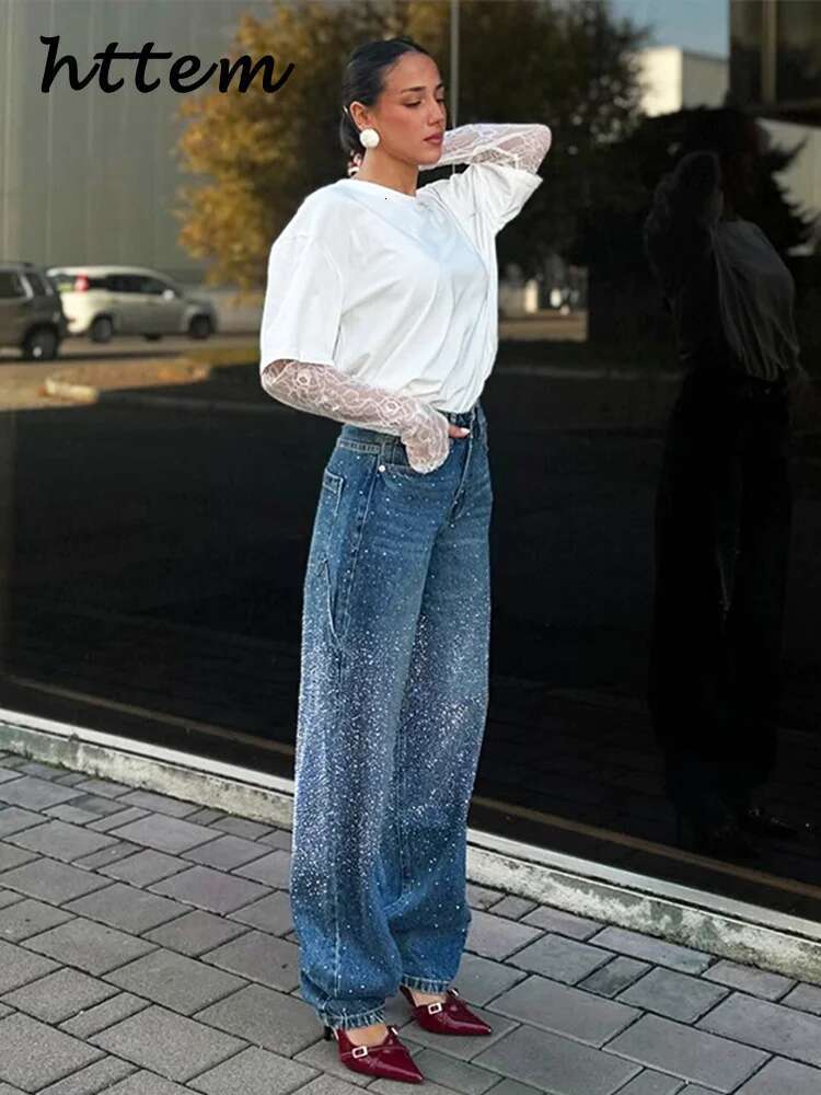 Fashion Women's Rhie Jeans Casual High Wait Wide Leg Pockets Denim Pants 2025 Spring Lady Y2k Street Baggy Trousers