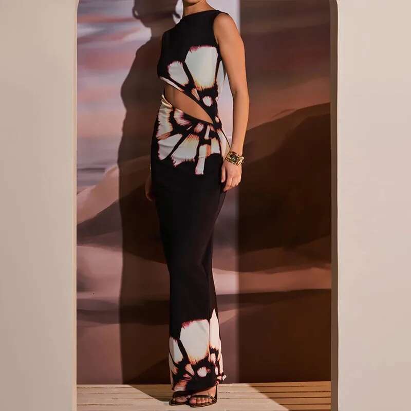 Summer Sexy Maxi For Women Streetwear Fashion Print Hollow Out Sleeveless New Slim Dress Casual Club Elegant Party Dresses KLMY