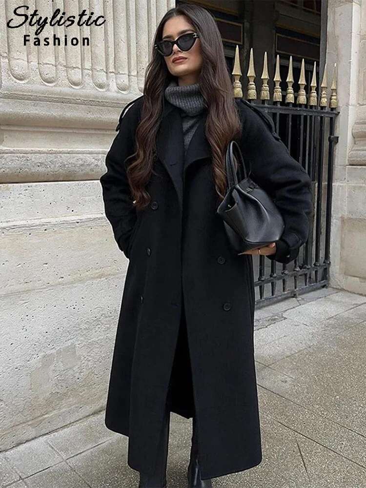 Street Long Trench Coats With Belt Women Black Loose Lapel Double Breasted Full Sleeve Overcoat 2025 Early Spring Lady Outwears